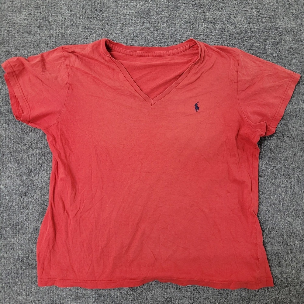 Polo Ralph Lauren T-Shirt Womens Size M Red V-Neck Short Sleeve Pony Logo Casual
